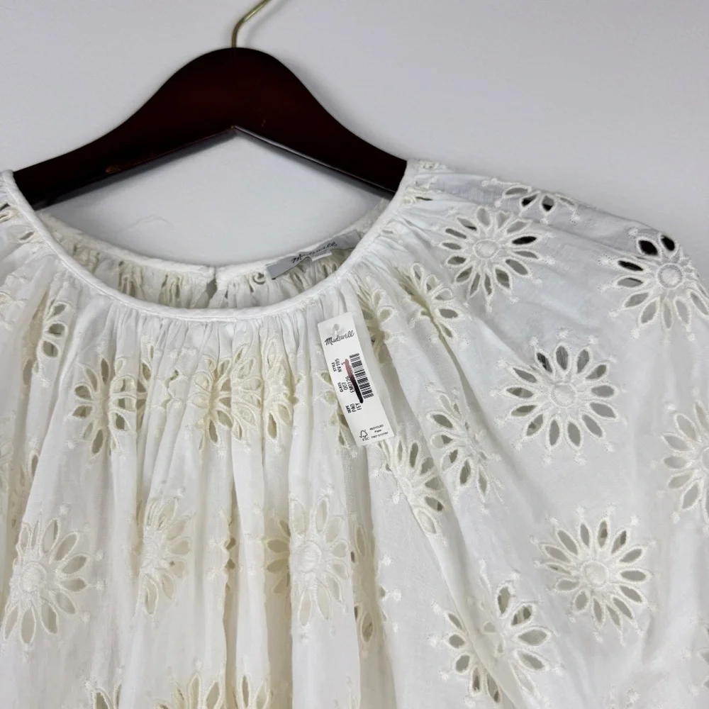 Madewell Embroidered Floral Cutouts Shirred Puff-Sleeve Top Cream Size S NWT